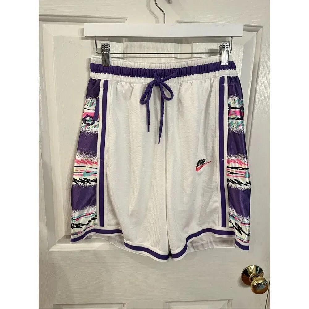 Nike DNA+ Stories White & Purple Print Basketball Shorts sz S EUC